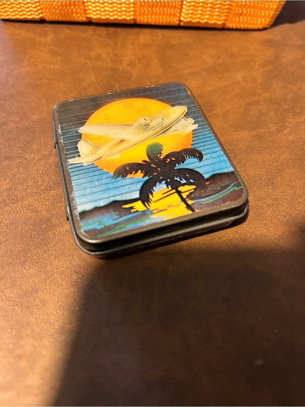 Vintage Windemere Metal Tin Japan Retro Airplane Tropical Palm Sunset Graphic